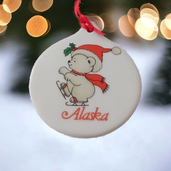 Vintage ALASKA Ceramic Ornament Christmas Porcelain Ice Skating Bear Round 90s. - Picture 10 of 13